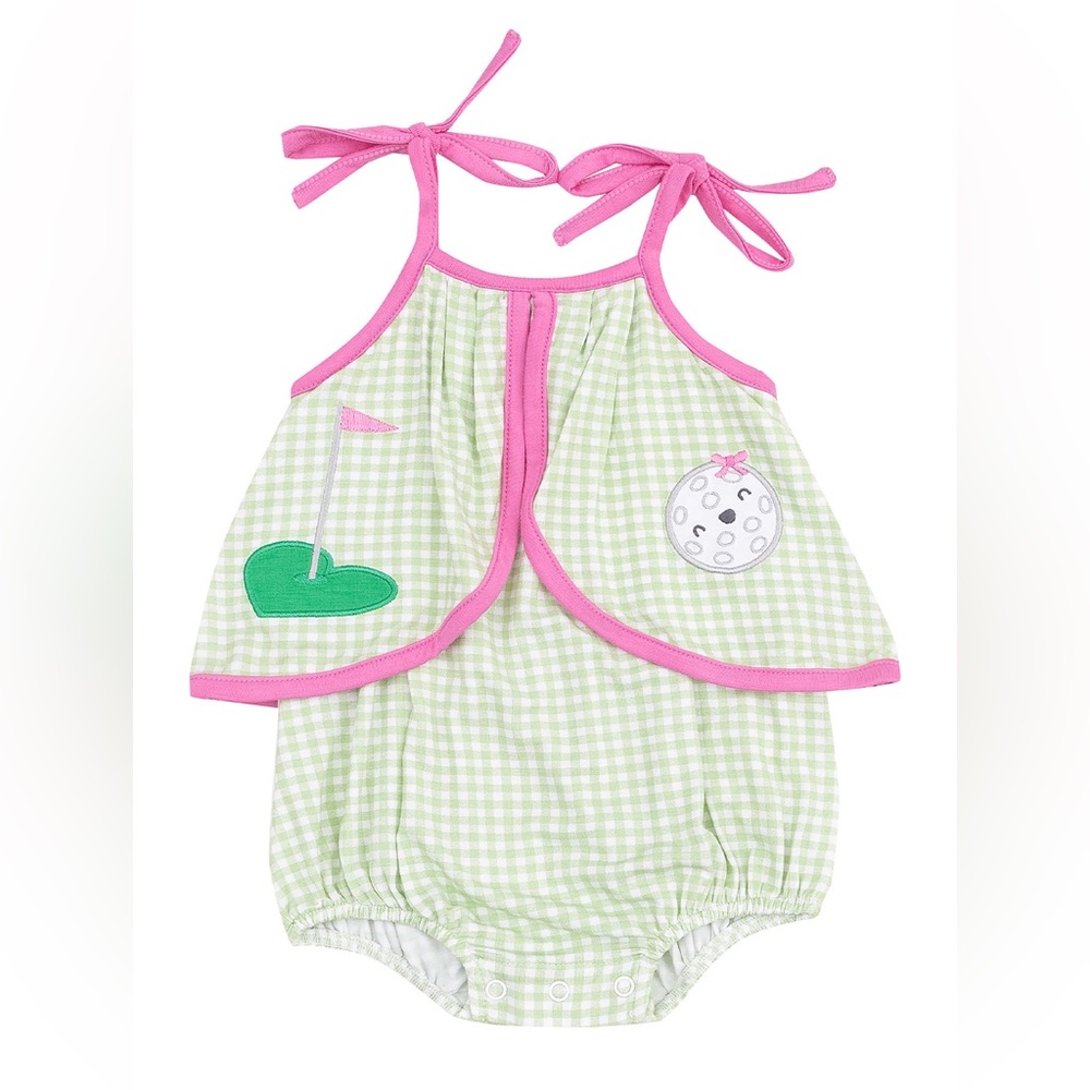 Angel Dear Green Gingham Golf Applique Swing Front Sunsuit NWT